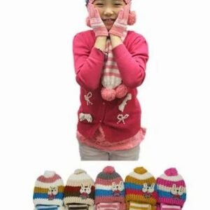 Girls Winter Warm 3 Piece Hat Set Striped Bunny Pattern