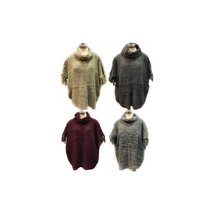 Knitted Poncho Solid Color With Fringe Sleeves