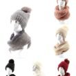 Womans Heavy Knit Winter Pom Pom Hat And Plush Knit Scarf Fleece Lined