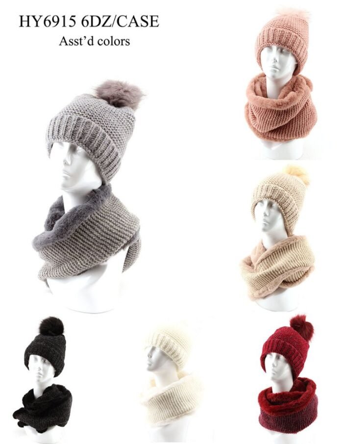 Womans Heavy Knit Winter Pom Pom Hat And Plush Knit Scarf Fleece Lined
