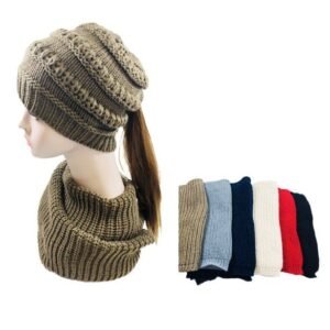 420546.jpg Knitted Pony Tail Beanie/neck Warmer Combo