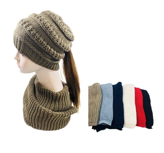Knitted Pony Tail Beanie/neck Warmer Combo