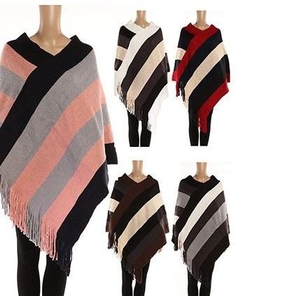 421852.jpg Women's Polyester Winter Warm Cape Wide Stripe With Fringes