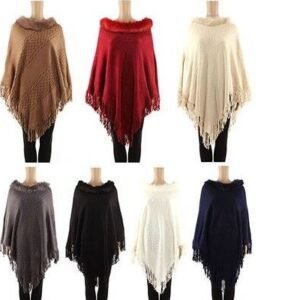 421855.jpg Women's Polyester Winter Warm Cape Textured With Fringes And Faux Fur Collar