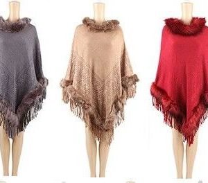 421857.jpg Women's Polyester Winter Cape With Fur Trimmings And Fringes In Assorted Colors