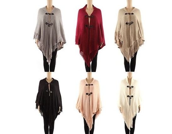 Women's Polyester Winter Cape With Fringes And Button Closure Assorted Color