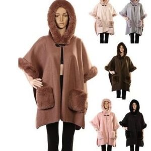 421878.jpg Women's Polyester Winter Cape With With Fur Pockets Trimmings And A Hood Assorted Color