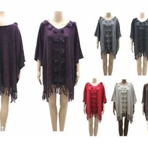 Women's V Neck Batwing Sleeve Poncho Sweater Fringe Pom Pom Cape Cloak