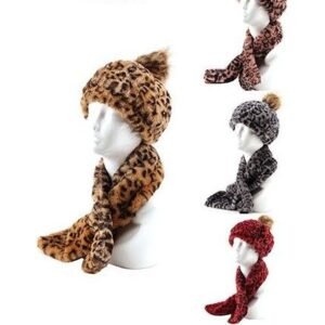 Womans Heavy Winter Pom Pom Hat And Plush Knit Scarf Animal Print