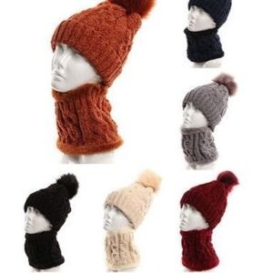 Womans Heavy Knit Winter Pom Pom Hat And Plush Knit Scarf Fleece Lined Assorted Color