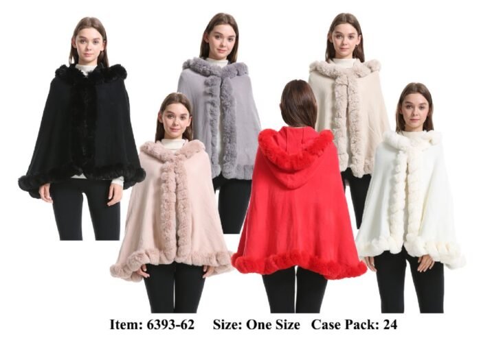 425454.jpg Women's Poncho Cape With Hoody And Fur Trim
