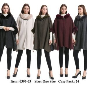 425455.jpg Women's Poncho Cape With Hoody And Fur Trim