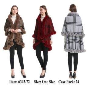 425457.jpg Women's Plaid Poncho Cape Double Layer With Fur Trim