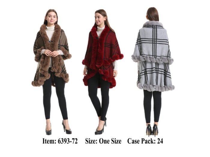 Women's Plaid Poncho Cape Double Layer With Fur Trim