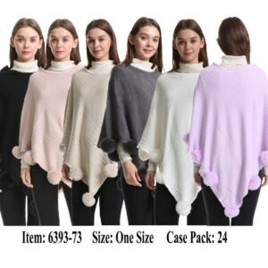 425458.jpg Women's Knit Poncho Cape With Fur Pom Pom On Hem