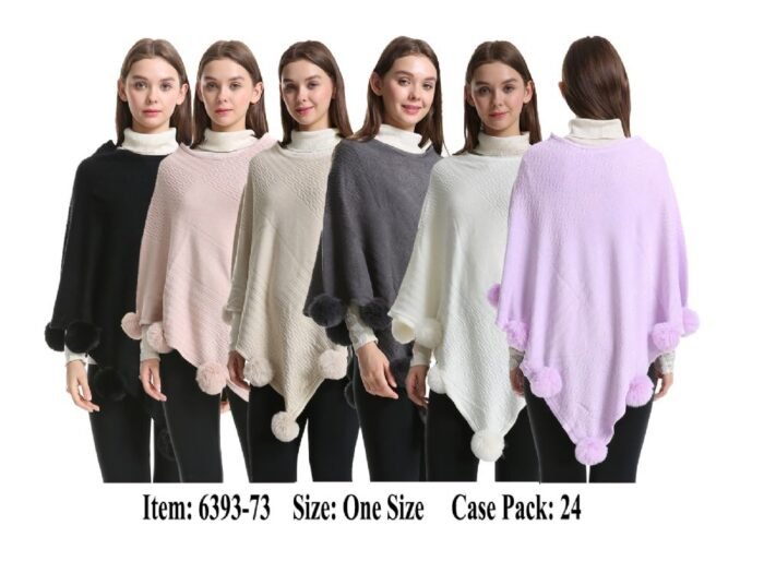 Women's Knit Poncho Cape With Fur Pom Pom On Hem