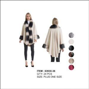 425460.jpg Women's Plus Size Poncho With Heavy 3 Tone Fur Around Long Collar And Cuff