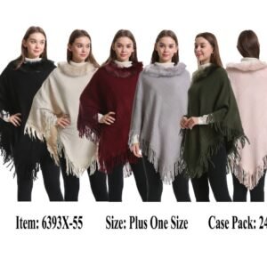 425461.jpg Women's Knit Poncho Cape Fur Neck Trim