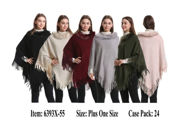 Women's Knit Poncho Cape Fur Neck Trim