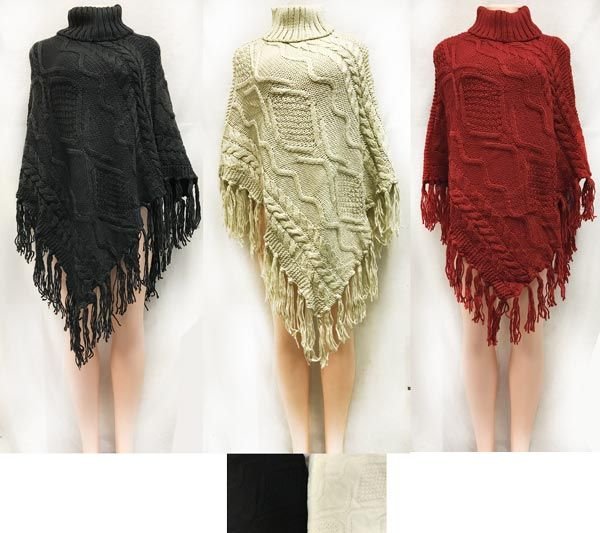 454011.jpg Cable Knitted Turtle Neck Ponchos Assorted