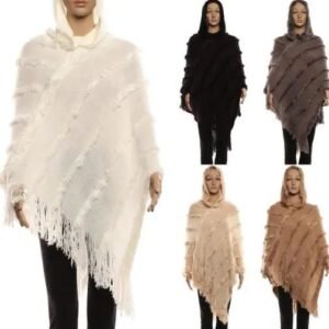 499119.jpg Women's Solid Hooded Poncho With Fringes