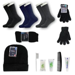 537594.jpg Bundle For Personal Use, Homeless, Charity, And Travel - Bulk Case Of 12 Pairs Of Socks, 12 Pairs Of Gloves, 12 Hygiene Kits, 12 Beanies