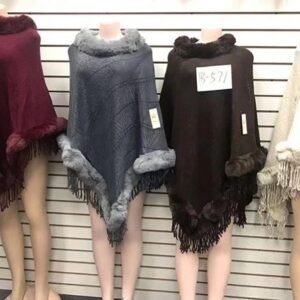 547391.jpg Women's Cape Poncho Autumn Winter Faux Fox Fur Collar Tassel Pullover Knit Shawl Coat