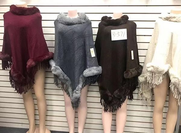 Women's Cape Poncho Autumn Winter Faux Fox Fur Collar Tassel Pullover Knit Shawl Coat
