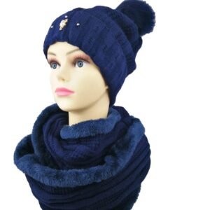 553791.jpg Owl Pin Design Pom Pom Winter Hat And Infinity Scarf Set Fleece Lined