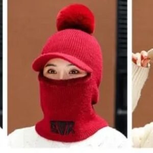 553796.jpg Pom Pom Fleece Lined Plain Ski Mask With Visor
