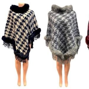 Winter Houndstooth Graphic Poncho With Faux Fur Collar Assorted