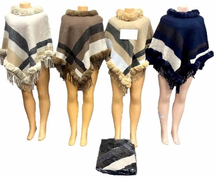Poncho Plaid Pattern With Faux Fur Collar Assorted