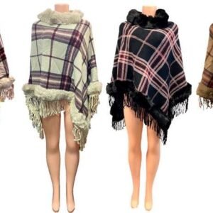 Classic Plaid Knitted Winter Poncho W/ Faux Fur Collar