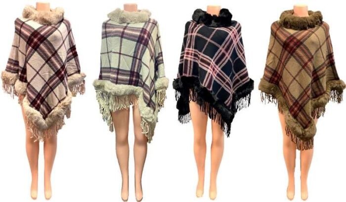 Classic Plaid Knitted Winter Poncho W/ Faux Fur Collar
