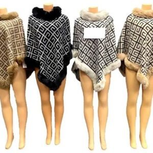 Knitted Poncho Aztec Pattern With Faux Fur Assorted