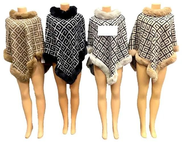 Knitted Poncho Aztec Pattern With Faux Fur Assorted