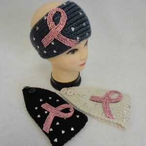 Hand Knitted Ear Band [pink Rhinestone Ribbon W Heart Studs]
