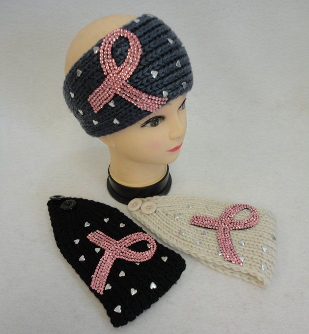 Hand Knitted Ear Band [pink Rhinestone Ribbon W Heart Studs]