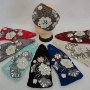 Wide Hand Knitted Ear Band W Multifloral Applique [gems]
