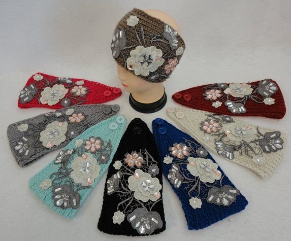 Wide Hand Knitted Ear Band W Multifloral Applique [gems]