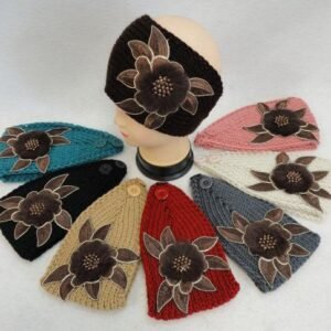 Wide Hand Knitted Ear Band W Floral Applique [fur & Beads]
