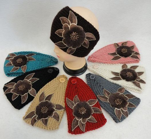 Wide Hand Knitted Ear Band W Floral Applique [fur & Beads]