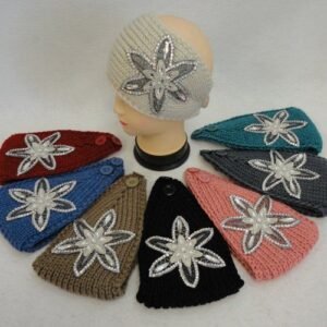 Wide Hand Knitted Ear Band [star Flower Applique W Gems]
