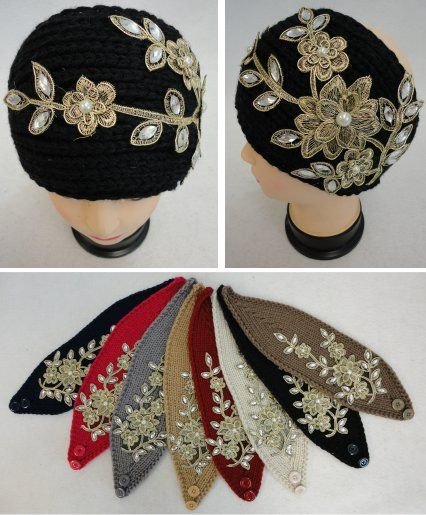 Widehand Knitted Ear Band W Metallic Floral Applique[pearls&gems]