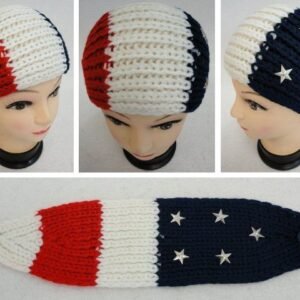 Hand Knitted Ear Band [red/white/blue With Stars]