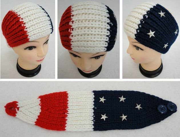 Hand Knitted Ear Band [red/white/blue With Stars]