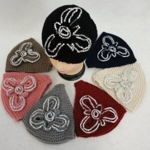 Wide Hand Knitted Ear Band [rhinestone Flower]