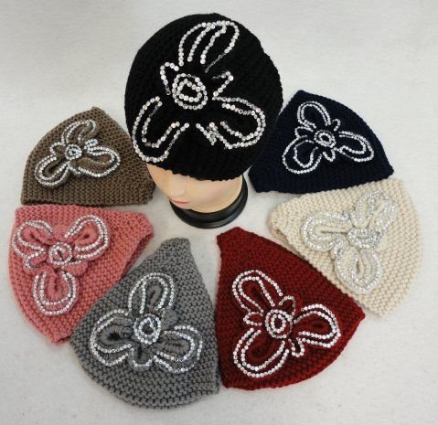 Wide Hand Knitted Ear Band [rhinestone Flower]