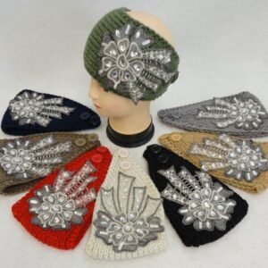 Wide Hand Knitted Ear Band W Floral Applique [lace & Gems]