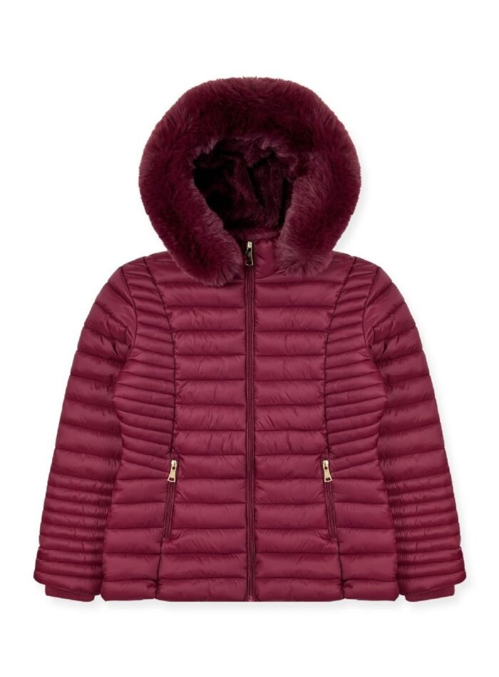 693989.jpg Ladies Puffer Jacket With Faux Fur Hood Assorted Sizes S-Xl Burgundy